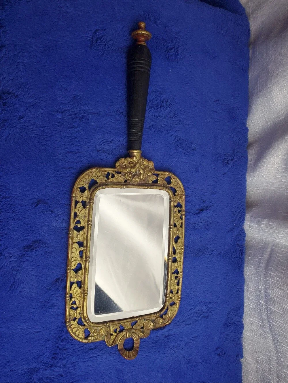 Antique TOWNSHEND 19th Century Ornate Brass Vanity Hand Mirror W/ Ebony Handle